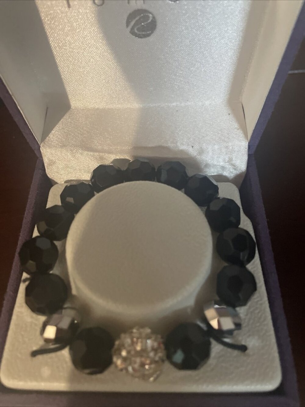 Roman Designer Silvertone Faceted Jet Black and Clear Glass Bead Bracelet $20